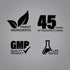Infographic showing finest ingredients, 45 years of manufacturing, GMP quality product, and lab tested verification.