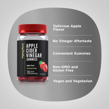 Product highlights graphic stating Delicious Apple Flavor, No Vinegar Aftertaste, Convenient Gummies, Non-GMO and Gluten Free, Vegan and Vegetarian