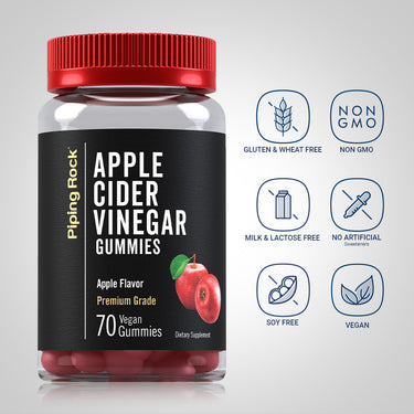 Apple Cider Vinegar bottle with icons indicating it's Gluten & Wheat Free, Non GMO, Milk & Lactose Free, Soy Free, Vegan.