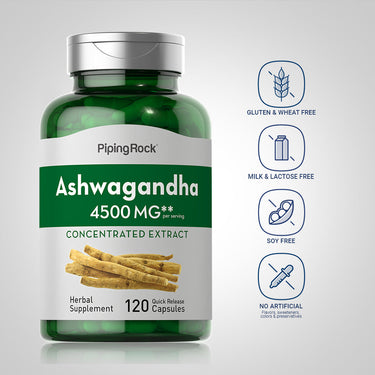 Ashwagandha bottle with icons indicating gluten free, wheat free, milk free, lactose free, soy free, no artificial ingredients.