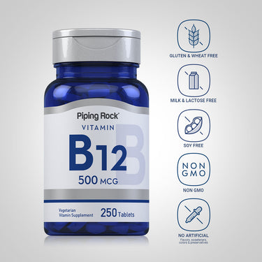 B-12 bottle with icons indicating Gluten & Wheat Free, Milk & Lactose Free, Soy Free, Non-GMO, No Artificial Additives.
