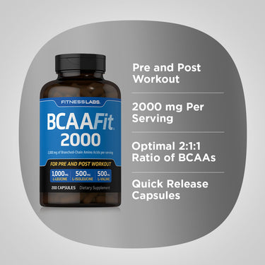 BCAAFit 2000, 2000 mg (per serving), 200 Capsules