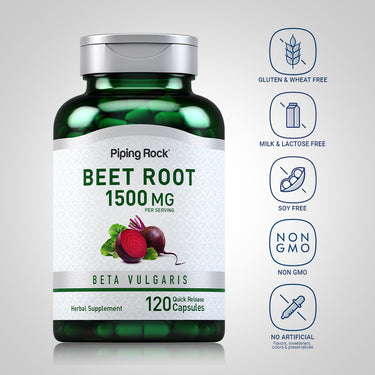 Beet Root bottle with icons indicating gluten & wheat free, milk & lactose free, soy free, non-GMO, no artificial additives.