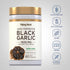 Black Garlic bottle with icons indicating Gluten, Wheat, Milk, Lactose, and Soy Free, NON GMO, and no artificial additives.
