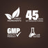 Infographic highlighting finest ingredients, 45 years of manufacturing, GMP quality product, and lab tested for assurance.