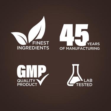 Infographic highlighting finest ingredients, 45 years of manufacturing, GMP quality product, and lab tested for assurance.