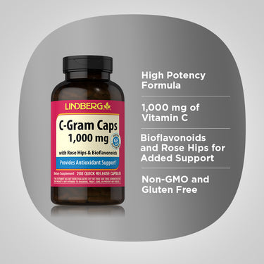 C-Gram 1000 mg with Rose Hips & Bioflavonoids, 280 Quick Release Capsules