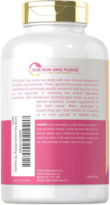 Back label with Our Non-GMO Pledge, product information, warning, barcode, and manufacturer information.
