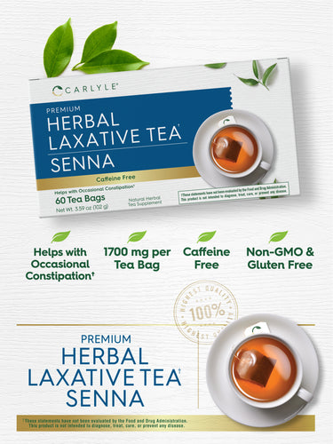 Graphic stating Helps with Occasional Constipation†, 1700 mg per Tea Bag, Caffeine Free, Non-GMO & Gluten Free, Premium Herbal Laxative Tea†, with Carlyle Herbal Laxative Tea Senna box and cup of tea