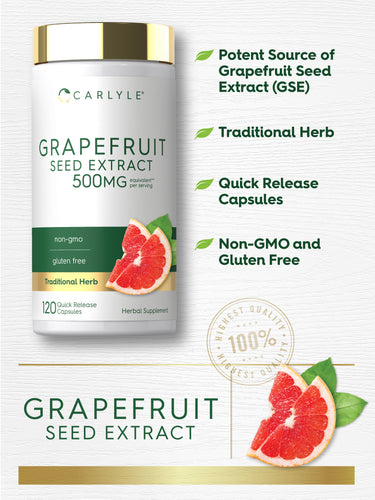 Graphic stating Potent Source of Grapefruit Seed Extract (GSE), Traditional Herb, Quick Release Capsules, Non-GMO and Gluten Free