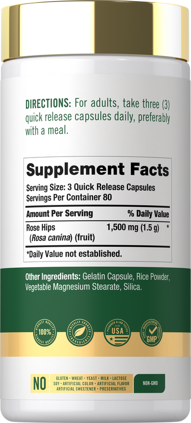 Back label / Supplement Facts for Rose Hips 1,500 mg, with directions, ingredients, and dietary and quality icons.