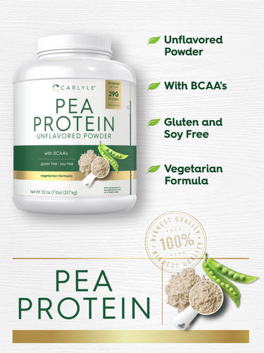Graphic stating Unflavored Powder, With BCAA's, Gluten and Soy Free, Vegetarian Formula, Finest Quality 100%, PEA PROTEIN