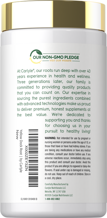 Back bottle label for Carlyle Yellow Dock Root with Our Non-GMO Pledge, brand story, warning, barcode, and manufacturer information.