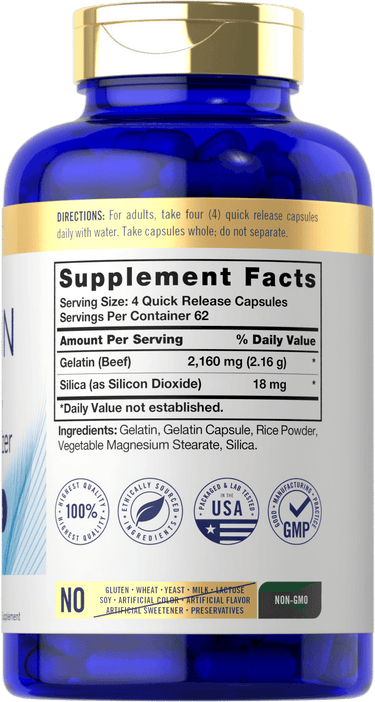 Back label / Supplement Facts showing directions, Supplement Facts, ingredients, quality badges, and dietary attribute icons.