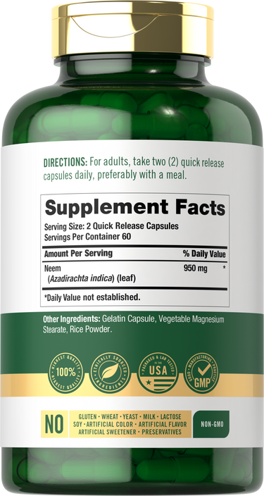 Back label / Supplement Facts showing Neem 950 mg per serving, directions, other ingredients, and quality badges.