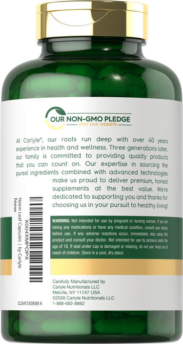 Back bottle label with Our Non-GMO Pledge, product information, warning, and manufacturer details.
