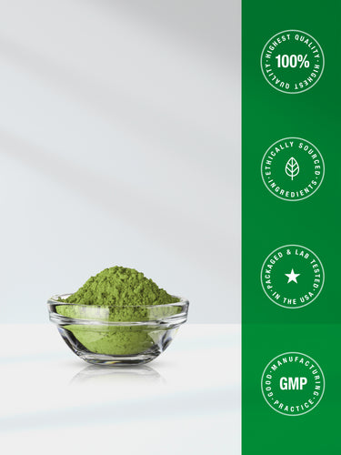 Graphic showing green supplement powder with quality badges stating 100% Highest Quality, Ethically Sourced Ingredients, Packaged & Lab Tested in the USA, and Good Manufacturing Practice GMP