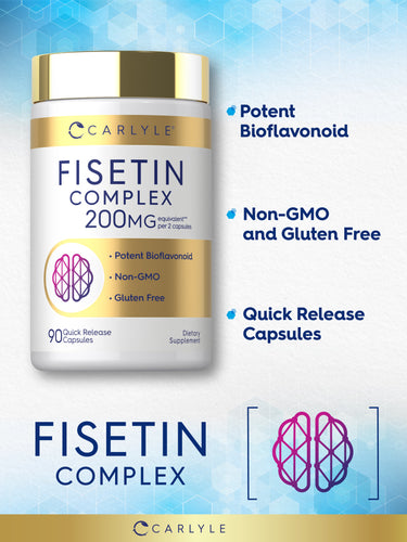 Graphic stating Potent Bioflavonoid, Non-GMO and Gluten Free, Quick Release Capsules, Fisetin Complex.