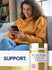 Lifestyle image of woman using a smartphone with Fisetin Complex bottle nearby and graphic stating SUPPORT.