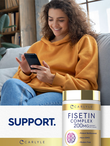 Lifestyle image of woman using a smartphone with Fisetin Complex bottle nearby and graphic stating SUPPORT.