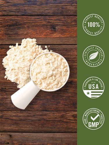 Infographic showcasing 100% highest quality, ethically sourced ingredients, packaged and lab tested in the USA with GMP standards.