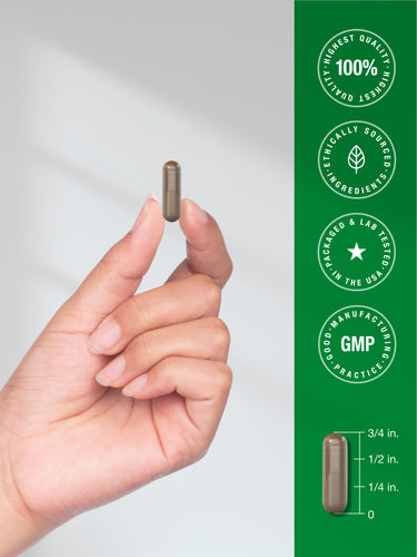 Quick release capsule shown in hand for size reference, measuring 3/4 in, with graphic stating 100% Highest Quality Guaranteed, Only Superior Ingredients