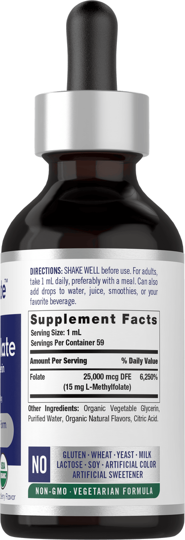 Supplement Facts panel displaying Carlyle L-Methylfolate 15 mg 2 oz Liquid information clearly.