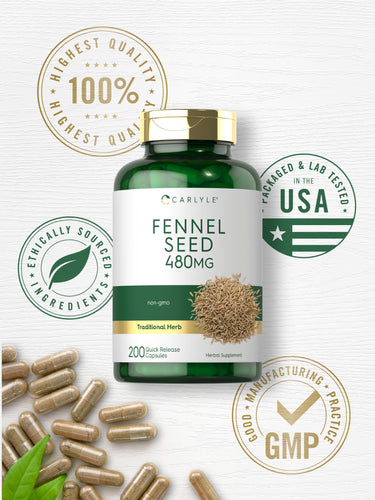 Carlyle Fennel Seed 480MG bottle with capsules and graphic stating Highest Quality 100%, Ethically Sourced Ingredients, Packaged & Lab Tested in the USA, Good Manufacturing Practice GMP