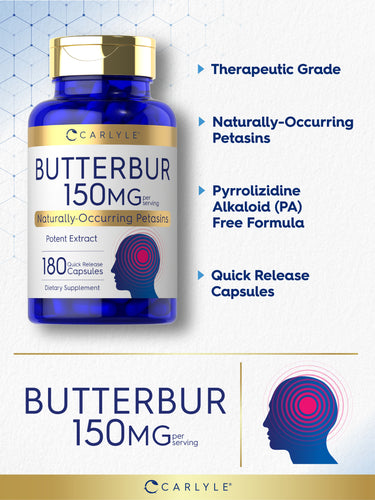 Graphic stating Therapeutic Grade, Naturally-Occurring Petasins, Pyrrolizidine Alkaloid (PA) Free Formula, Quick Release Capsules