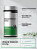 graphic showing Black Walnut Hulls 1000 mg bottle, stating Potent Concentrated Extract, Non-GMO and Gluten Free, Quick Release Capsules