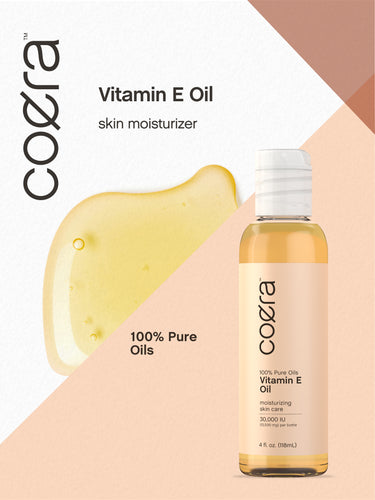 Graphic stating Vitamin E Oil, skin moisturizer, 100% Pure Oils, with Coera Vitamin E Oil bottle and oil texture.