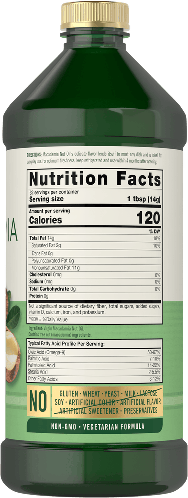 Back label / Nutrition Facts for Macadamia Nut Oil, showing 120 calories per serving, 32 servings per container