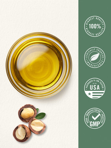 Graphic showing golden oil and macadamia nuts with badges stating Highest Quality 100%, Ethically Sourced Ingredients, Packaged & Lab Tested in the USA