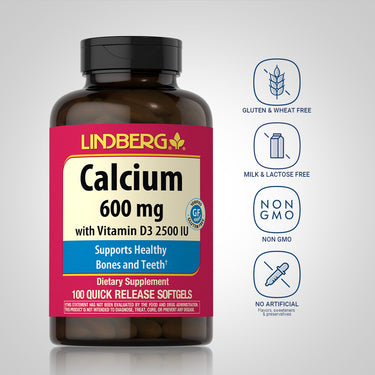 Calcium bottle with icons indicating Gluten & Wheat Free, Milk & Lactose Free, Non-GMO, and No Artificial Flavors or Preservatives.
