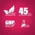 Infographic showing finest ingredients, 45 years of manufacturing, GMP quality product, and lab-tested assurance.
