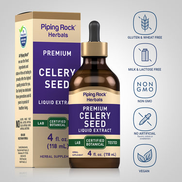 Celery Seed bottle with icons indicating Gluten & Wheat Free, Milk & Lactose Free, NON GMO, Vegan, No Artificial Additives.