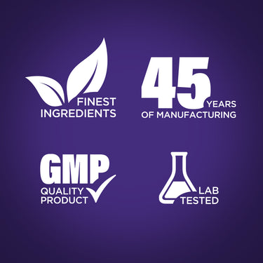Infographic highlights finest ingredients, 45 years of manufacturing, GMP quality product, lab tested for assurance.