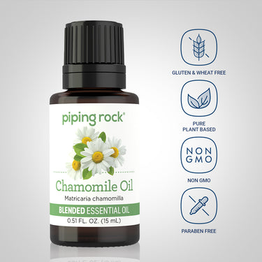 Chamomile Blend bottle with icons indicating gluten & wheat free, pure plant based, non GMO, and paraben free attributes.