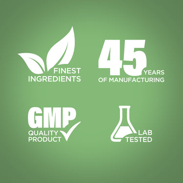 Infographic stating: Finest ingredients, 45 years of manufacturing, GMP quality product, lab tested for assurance.
