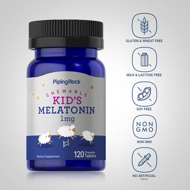 Kids Melatonin bottle with icons indicating Gluten & Wheat Free, Milk & Lactose Free, Soy Free, Non-GMO, No Artificial Flavors.