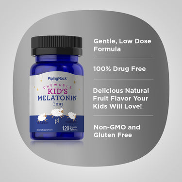 Product highlights graphic stating Gentle, Low Dose Formula, 100% Drug Free, Delicious Natural Fruit Flavor Your Kids Will Love!, Non-GMO and Gluten Free