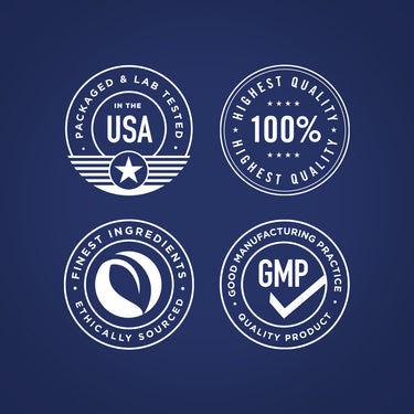 Infographic shows USA packaged, lab tested, 100% highest quality, finest ethically sourced ingredients, GMP quality product.