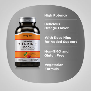 Product highlights graphic stating High Potency, Delicious Orange Flavor, With Rose Hips for Added Support, Non-GMO and Gluten Free, Vegetarian Formula.