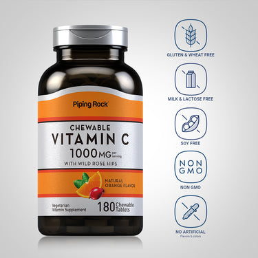 Vitamin C bottle with icons indicating Gluten & Wheat Free, Milk & Lactose Free, Soy Free, Non-GMO, and No Artificial Flavors/Colors.