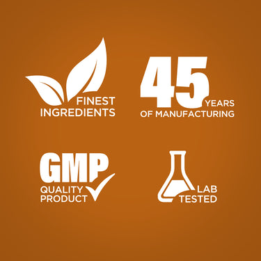 Graphic highlights finest ingredients, 45 years of manufacturing, GMP quality, and lab-tested products.