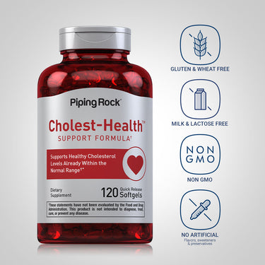 Cholest-Health bottle with icons indicating Gluten & Wheat Free, Milk & Lactose Free, Non GMO, No Artificial Flavors or Preservatives.