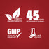 Infographic stating finest ingredients, 45 years of manufacturing, GMP quality product, and lab tested.