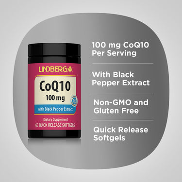 Product highlights graphic stating 100 mg CoQ10 per serving, with black pepper extract, non-GMO and gluten-free, quick release softgels.