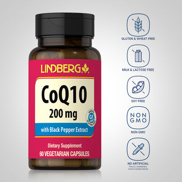 CoQ10 bottle with icons indicating Gluten & Wheat Free, Milk & Lactose Free, Soy Free, Non GMO, No Artificial Additives.