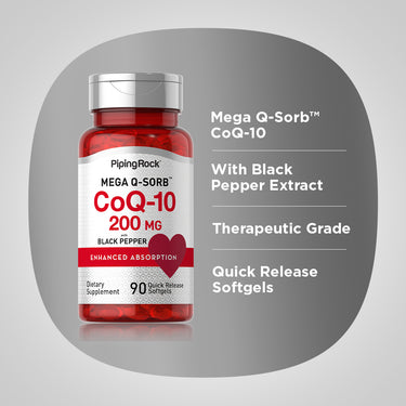 Product highlights graphic stating Mega Q-Sorb™ CoQ-10 with Black Pepper Extract, Therapeutic Grade, Quick Release Softgels.